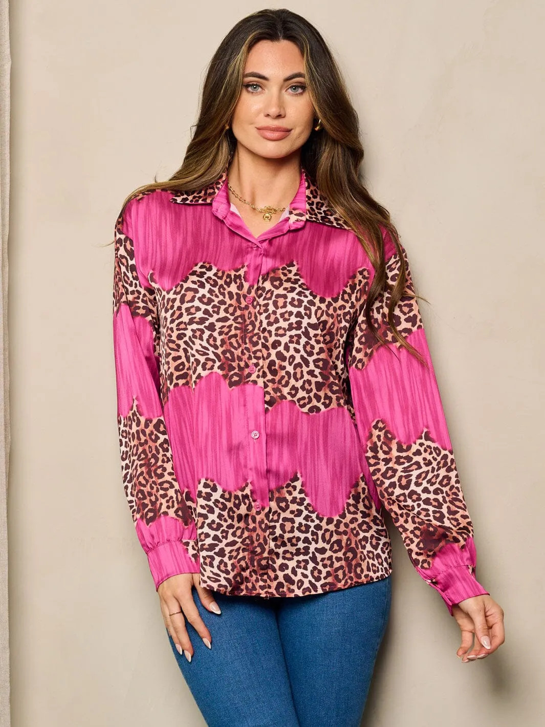 WOMEN'S LONG SLEEVE BUTTON UP ANIMAL PRINT BLOUSE TOP