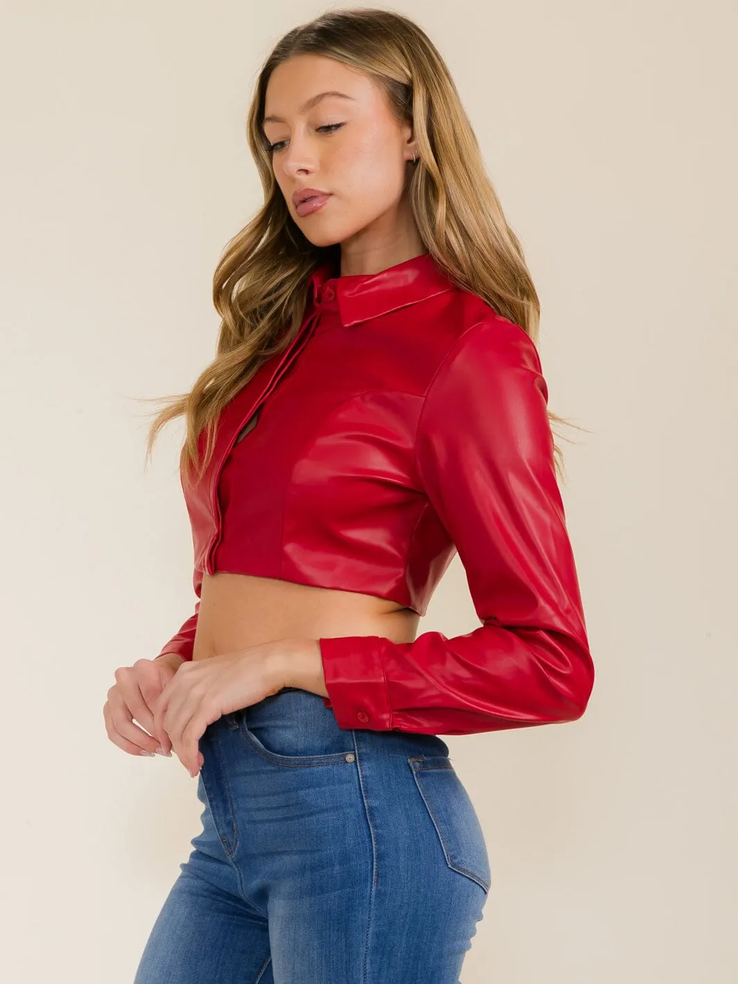 WOMEN'S LONG SLEEVE BUTTON UP COLLAR PU PLEATHER CROP TOP
