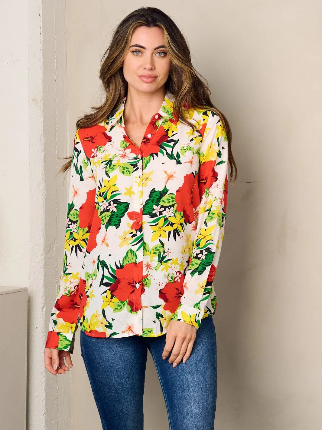 WOMEN'S LONG SLEEVE BUTTON UP FLORAL BLOUSE TOP