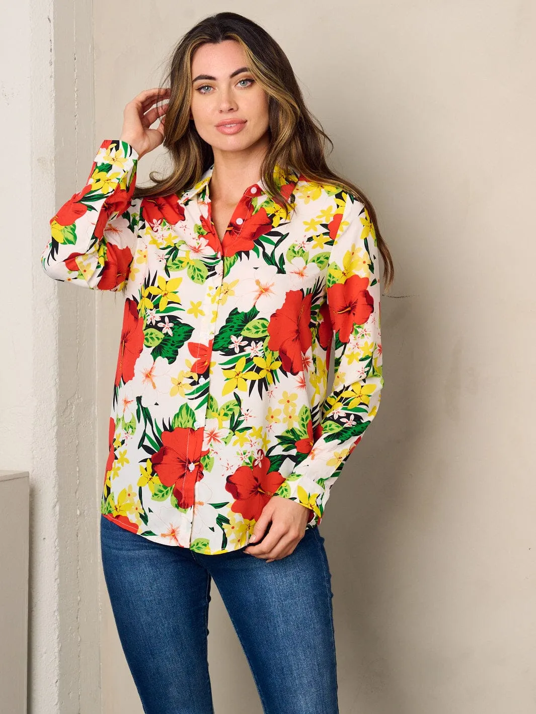 WOMEN'S LONG SLEEVE BUTTON UP FLORAL BLOUSE TOP