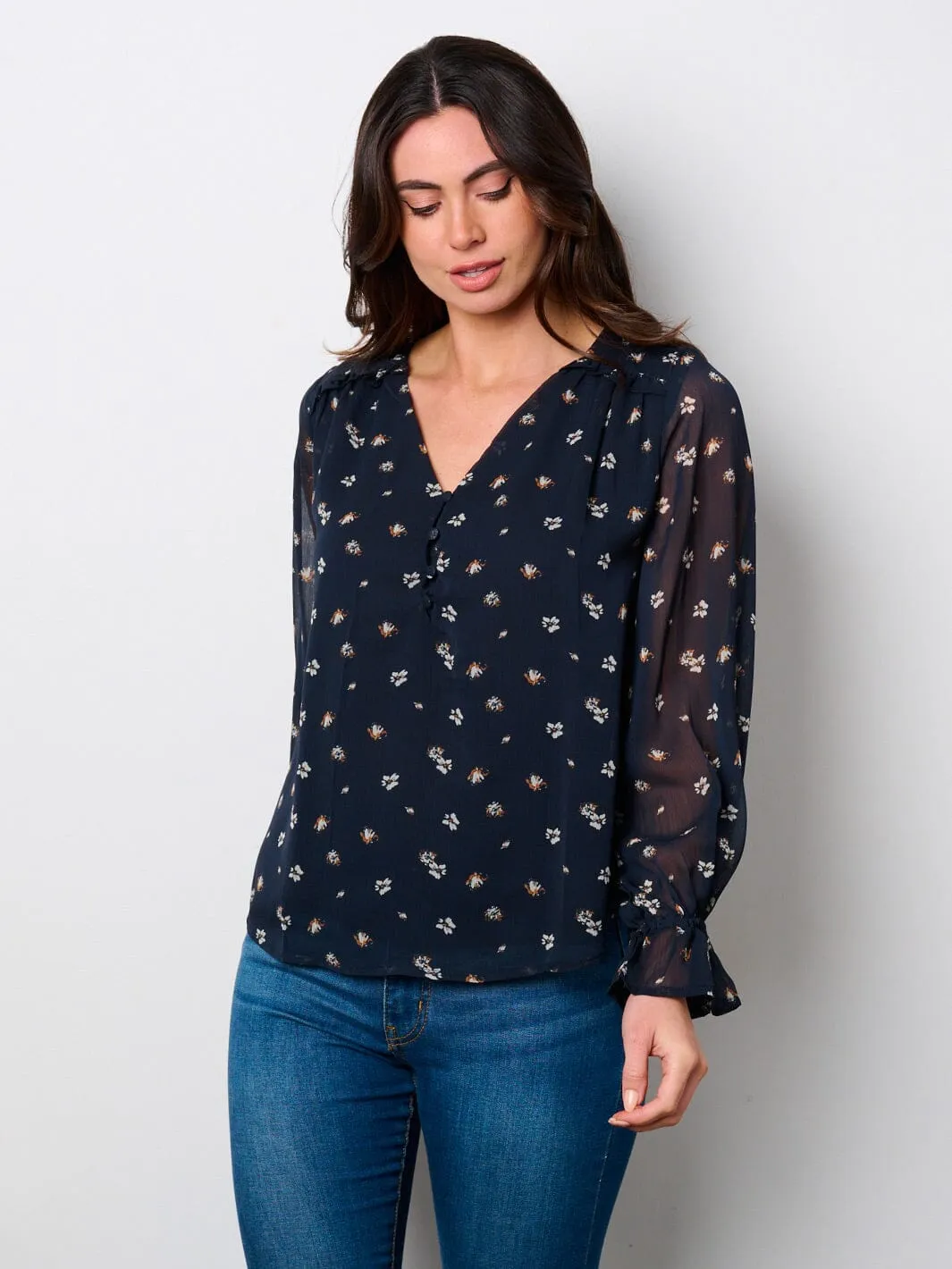 WOMEN'S LONG SLEEVE BUTTON UP FLORAL BLOUSE TOP