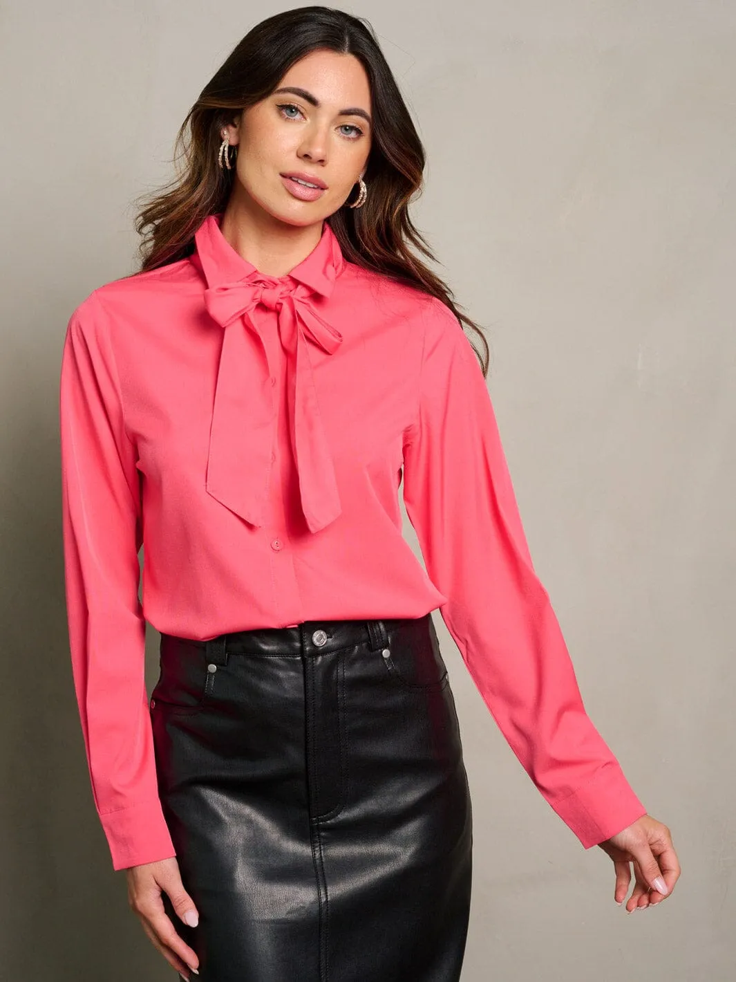WOMEN'S LONG SLEEVE BUTTON UP NECK TIE BLOUSE TOP