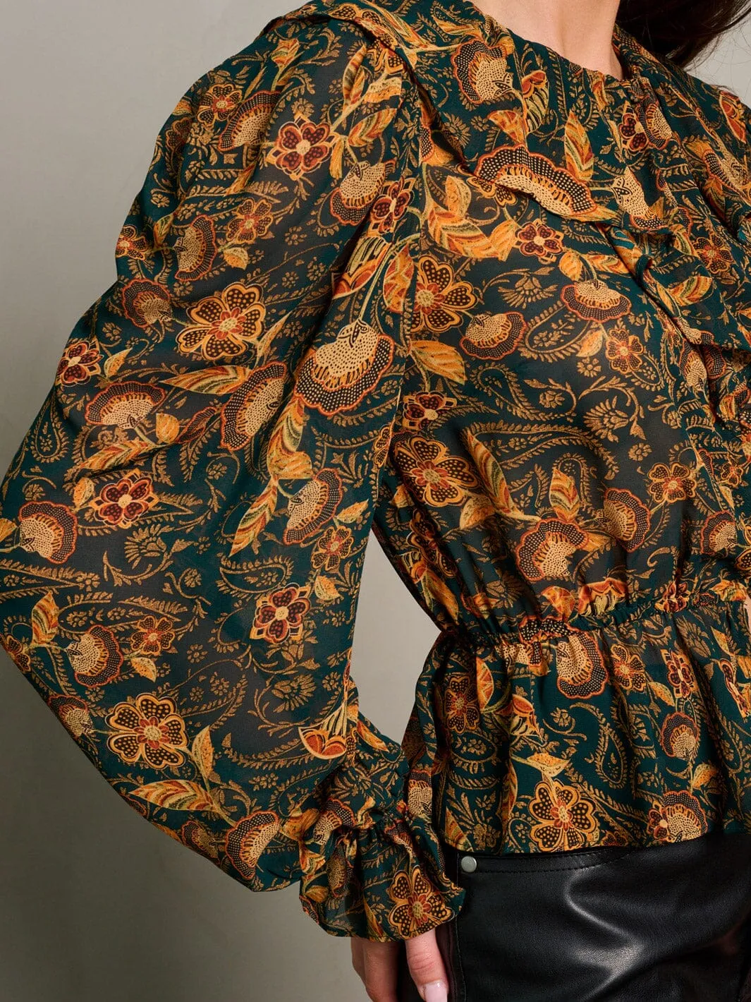 WOMEN'S LONG SLEEVE BUTTON UP RUFFLE FLORAL BLOUSE TOP