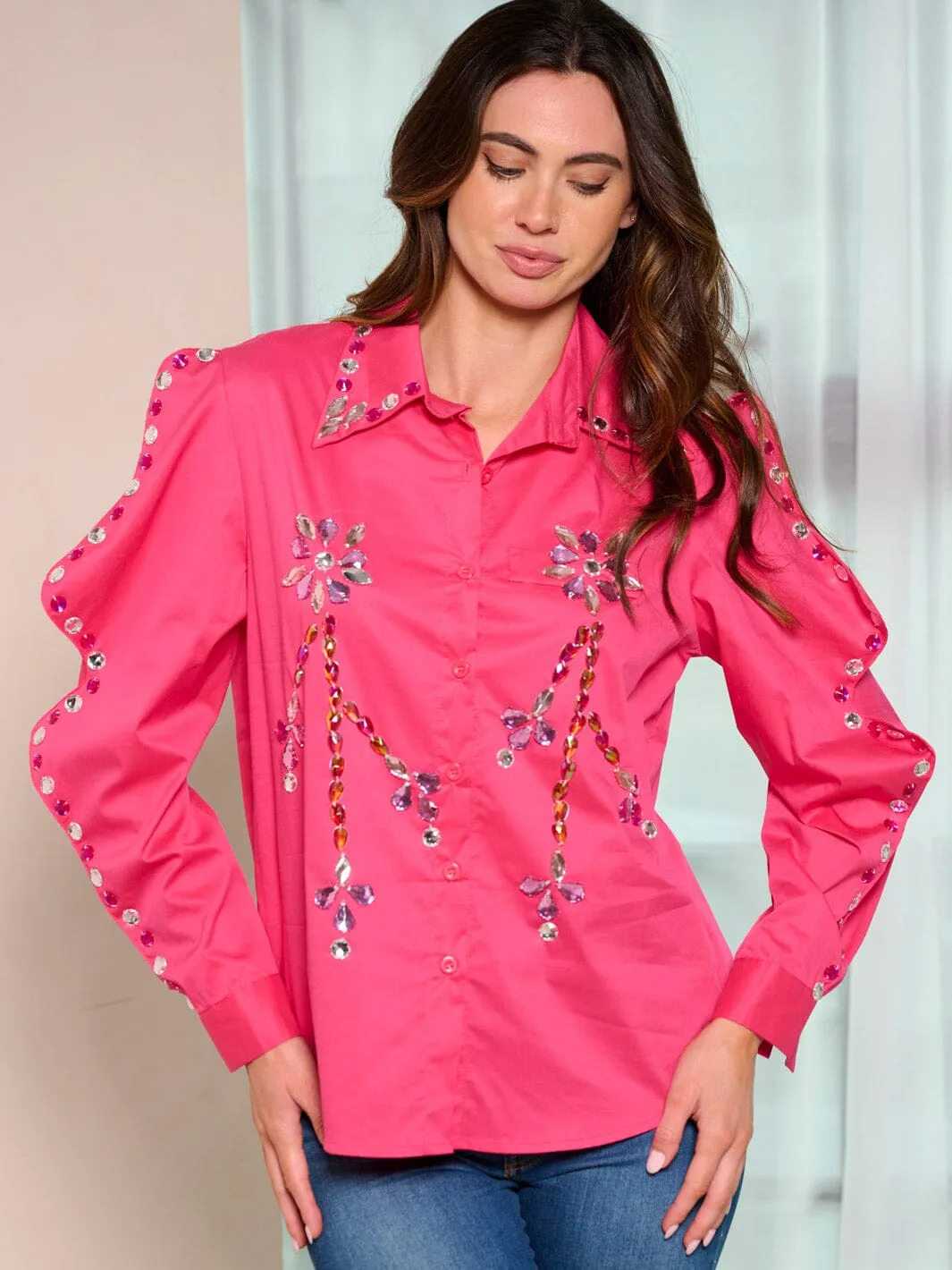 WOMEN'S LONG SLEEVE BUTTON UP STUDS DETAILED BLOUSE TOP