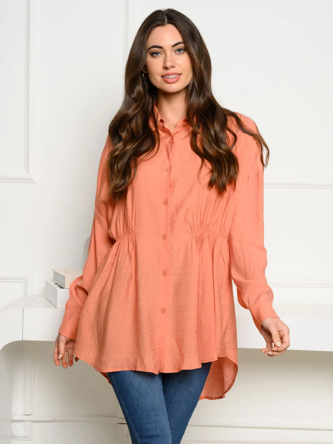WOMEN'S LONG SLEEVE COLLAR BUTTON UP TUNIC TOP