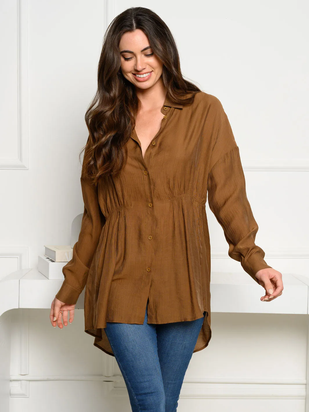 WOMEN'S LONG SLEEVE COLLAR BUTTON UP TUNIC TOP