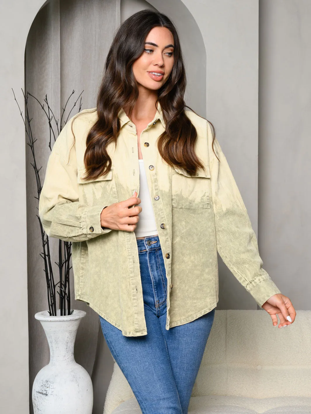 WOMEN'S LONG SLEEVE CORDUROY COLORBLOCK SHIRT TOP