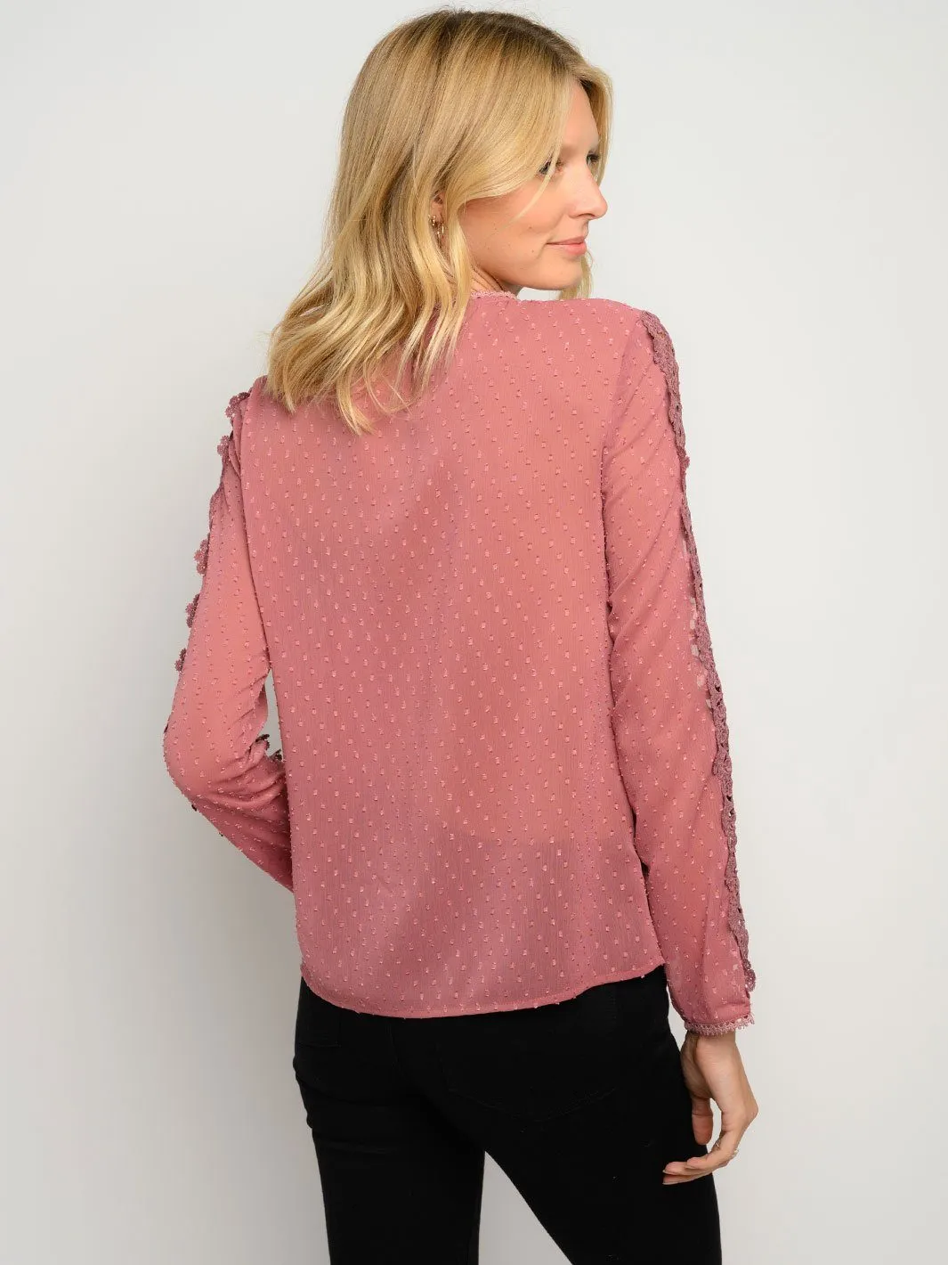 WOMEN'S LONG SLEEVE CROCHET DETAIL TOP