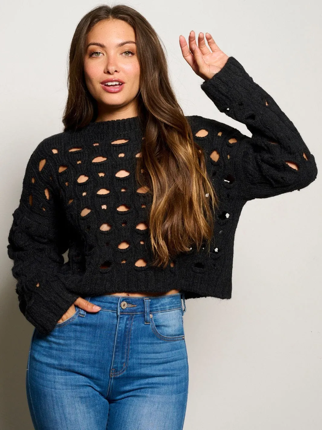 WOMEN'S LONG SLEEVE CUT OUT KNIT PULLOVER TOP