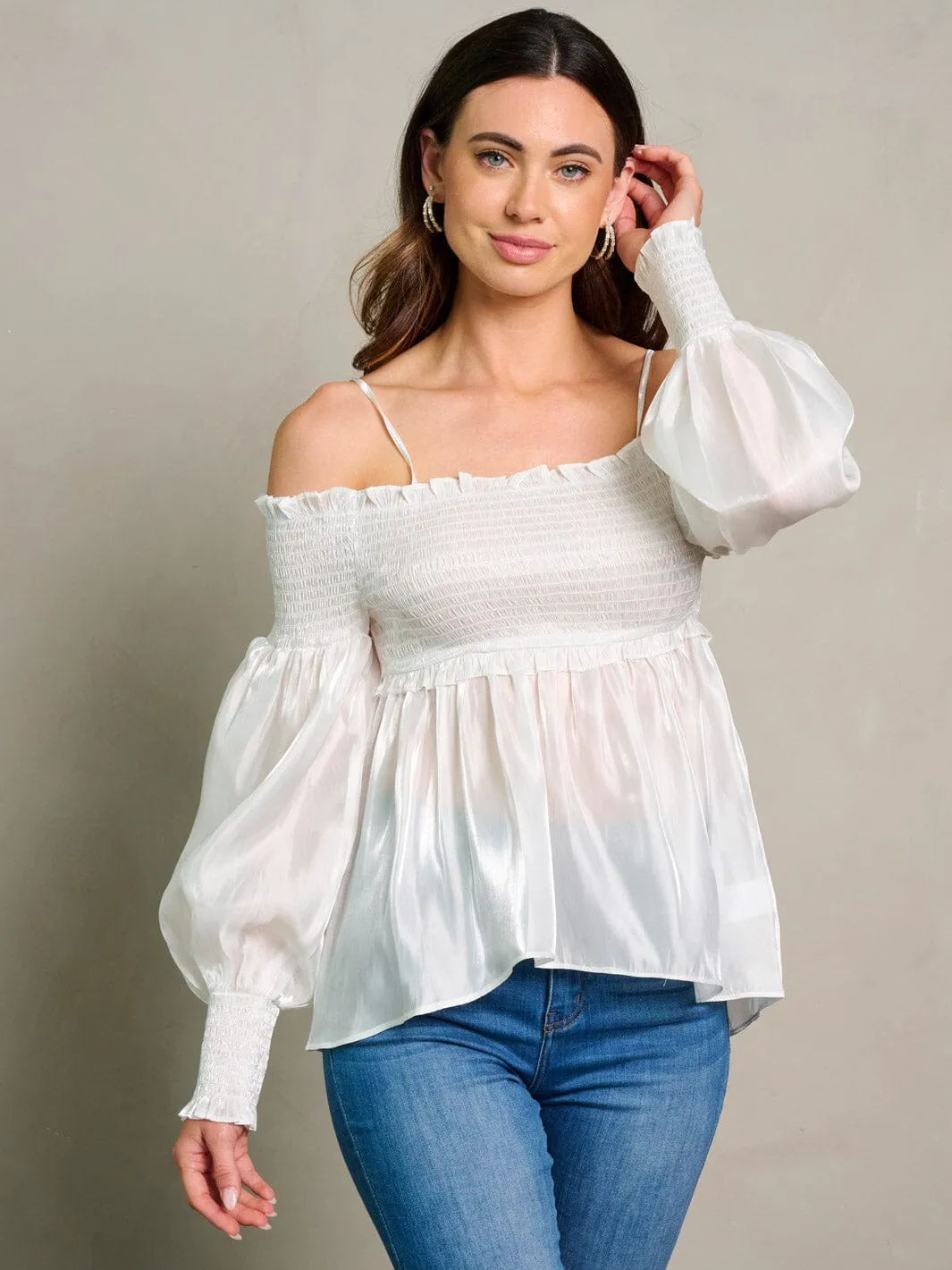 WOMEN'S LONG SLEEVE OFF SHOULDER SMOCK  BLOUSE