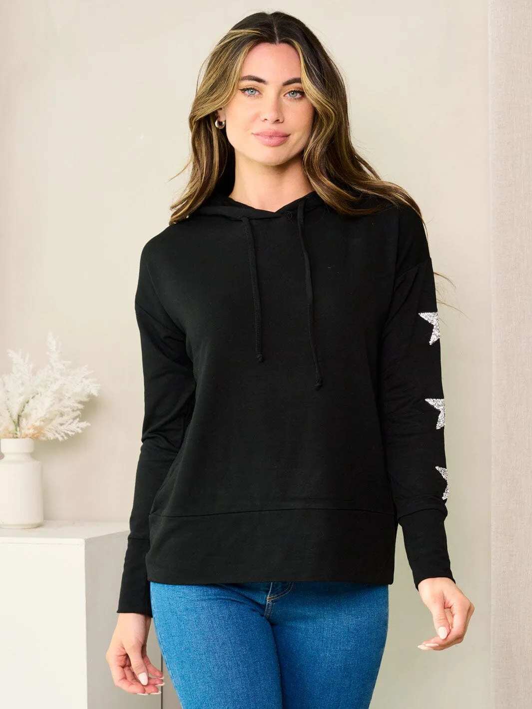 WOMEN'S LONG SLEEVE STARS STUDS DETAILED HOODED TOP
