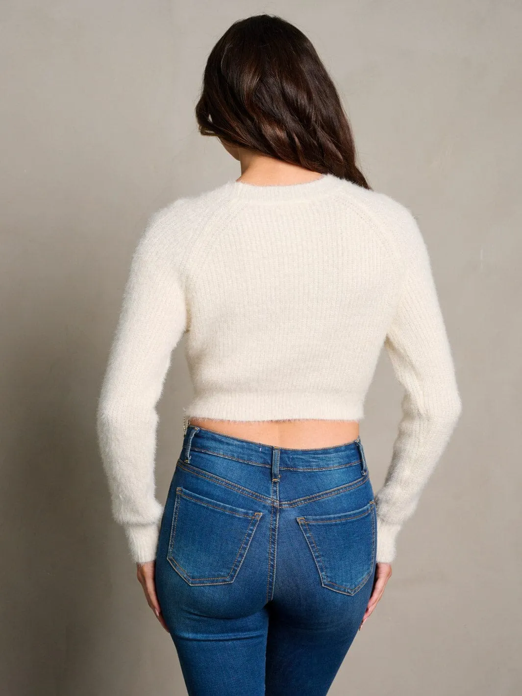 WOMEN'S LONG SLEEVE STUDS FRINGE DETAILED CROP TOP