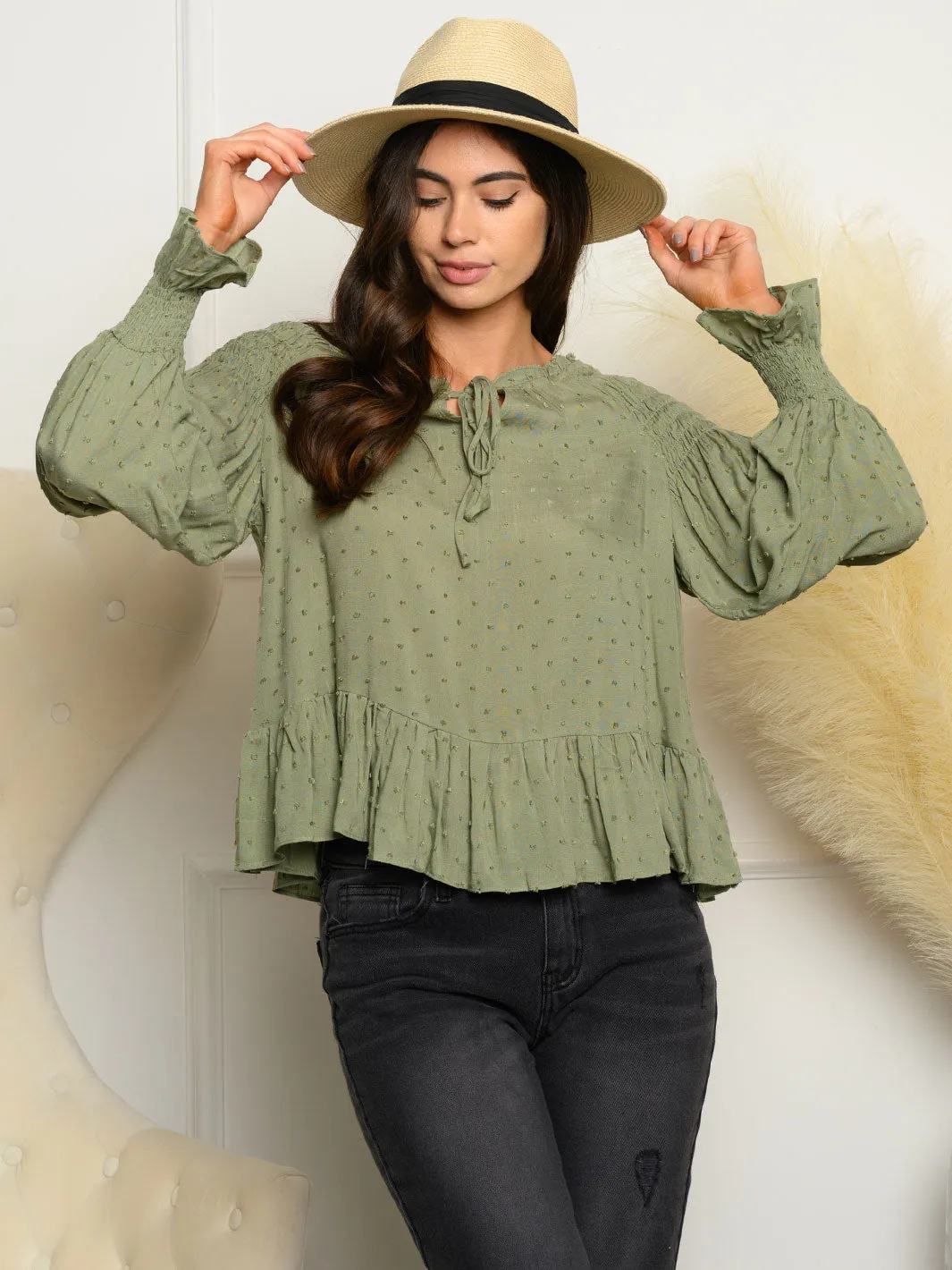 WOMEN'S LONG SLEEVE SWISS DOT TOP