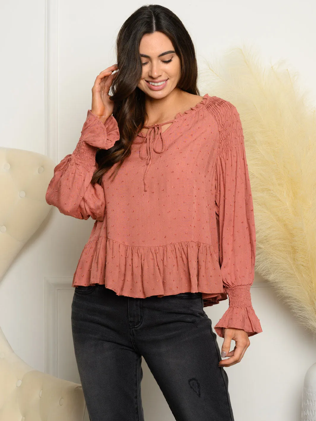 WOMEN'S LONG SLEEVE SWISS DOT TOP