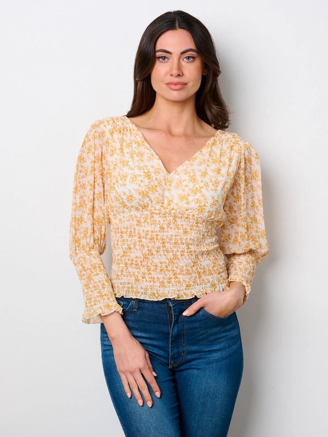 WOMEN'S LONG SLEEVE V-NECK SMOCK FLORAL BLOUSE TOP