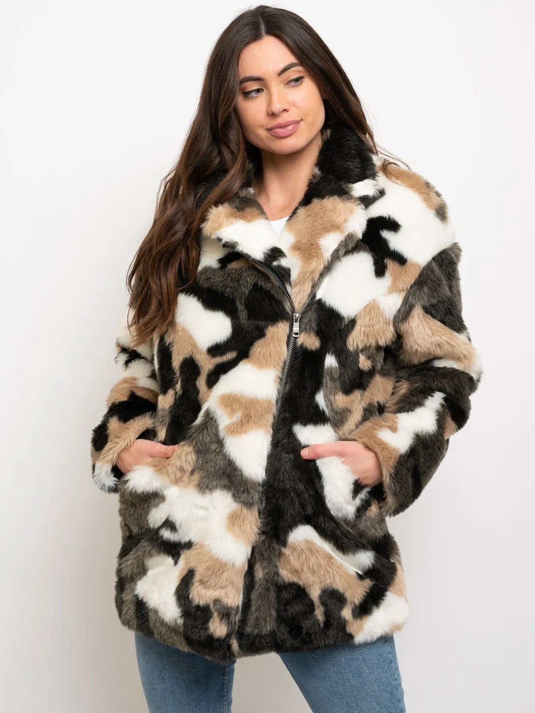 WOMEN'S MARBLE MID-LENGTH FAUX FUR COAT