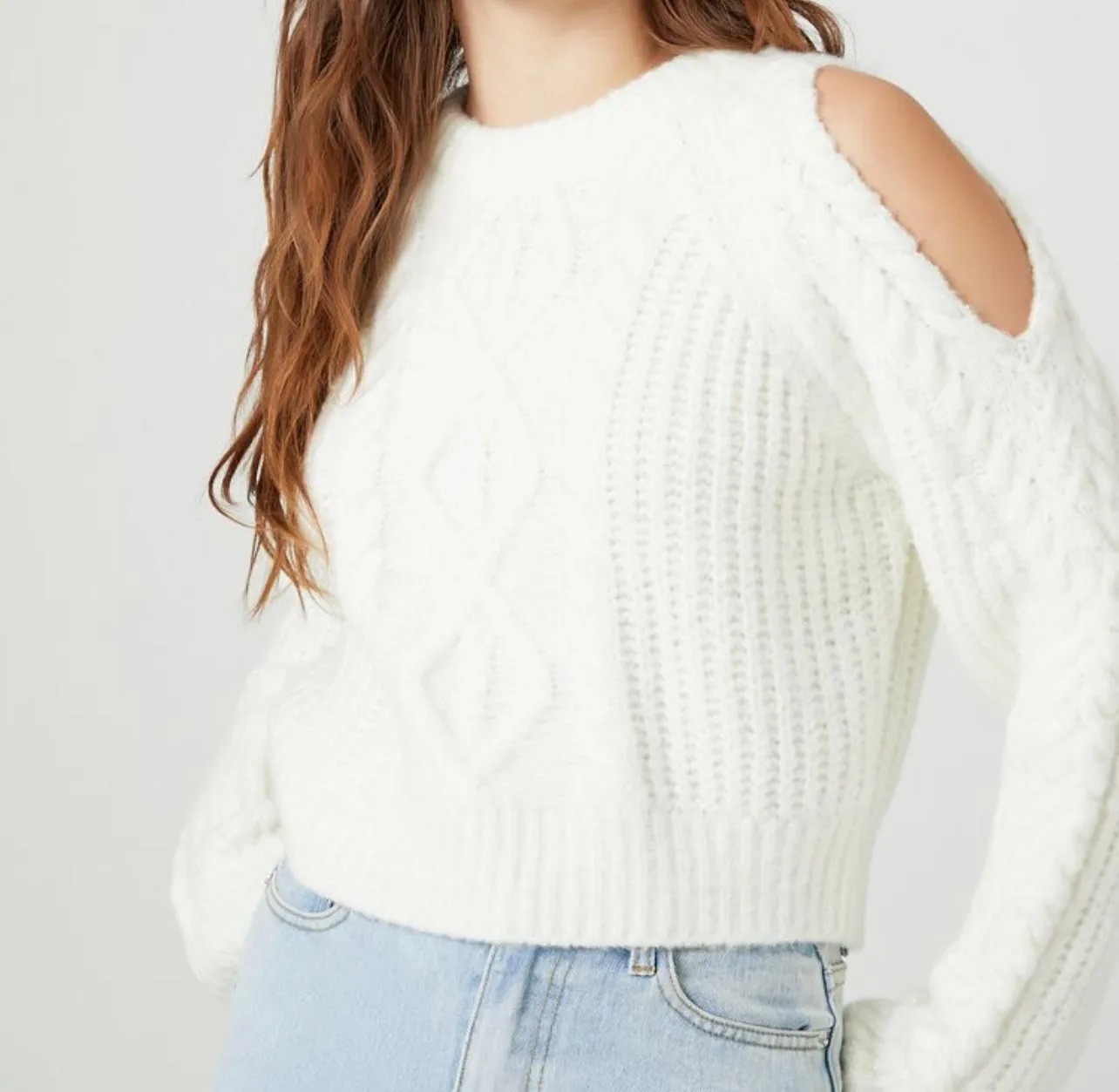 Women’s Open-Shoulder Cropped Sweater – Vanilla | Forever 21