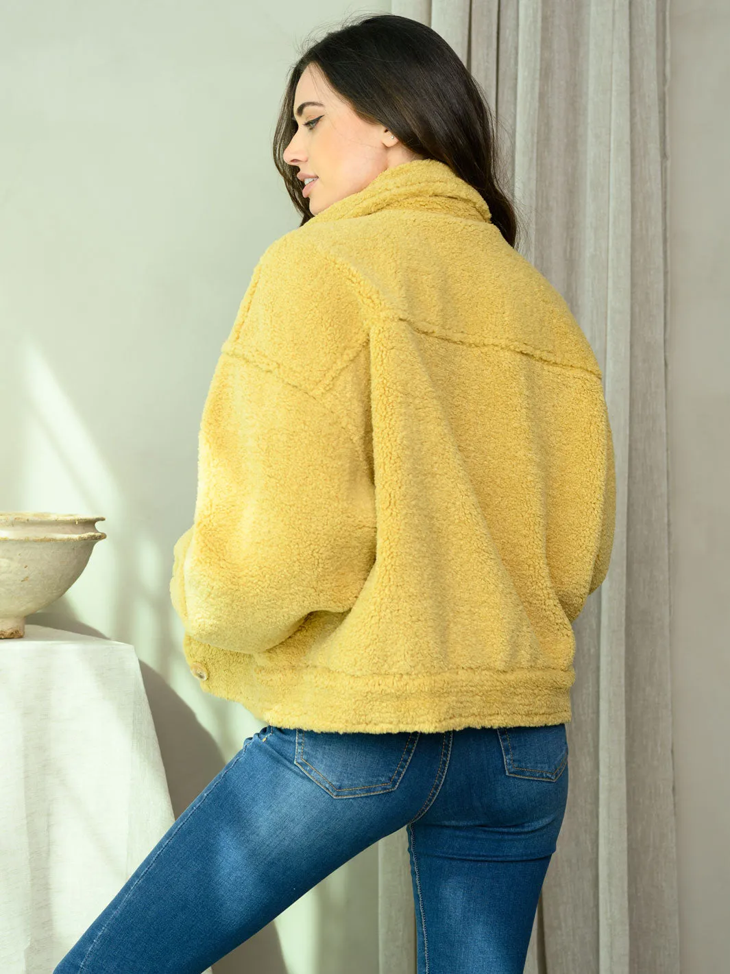 WOMEN'S PATCH POCKET FAUX FUR BUTTON UP JACKET