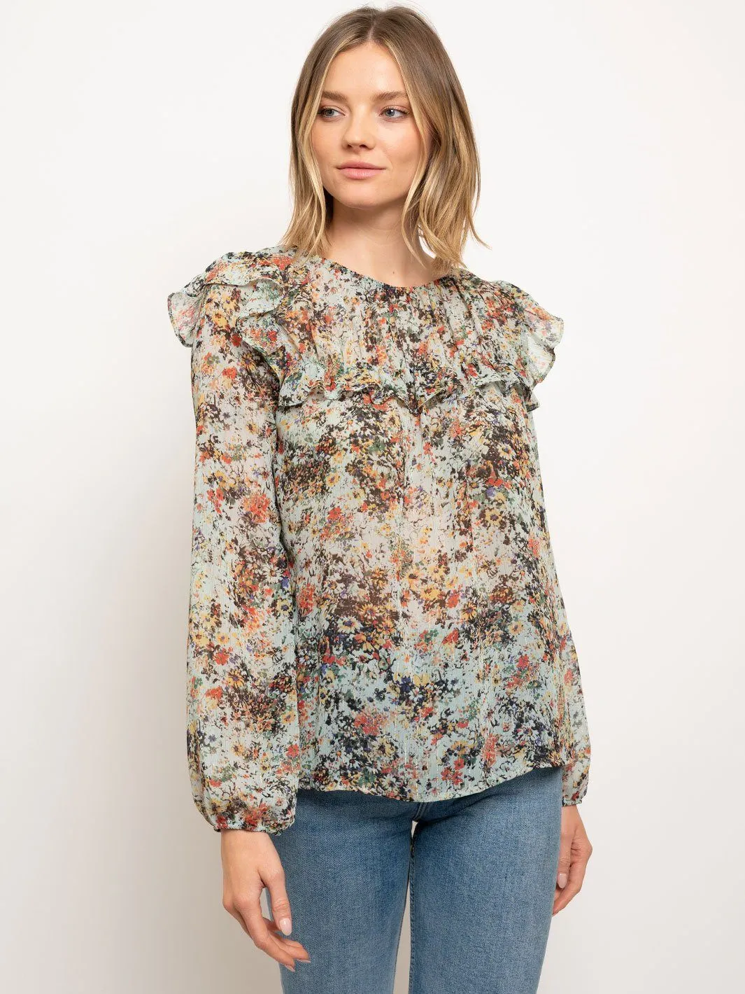 WOMEN'S RUFFLE LONG SLEEVE FLORAL TOP