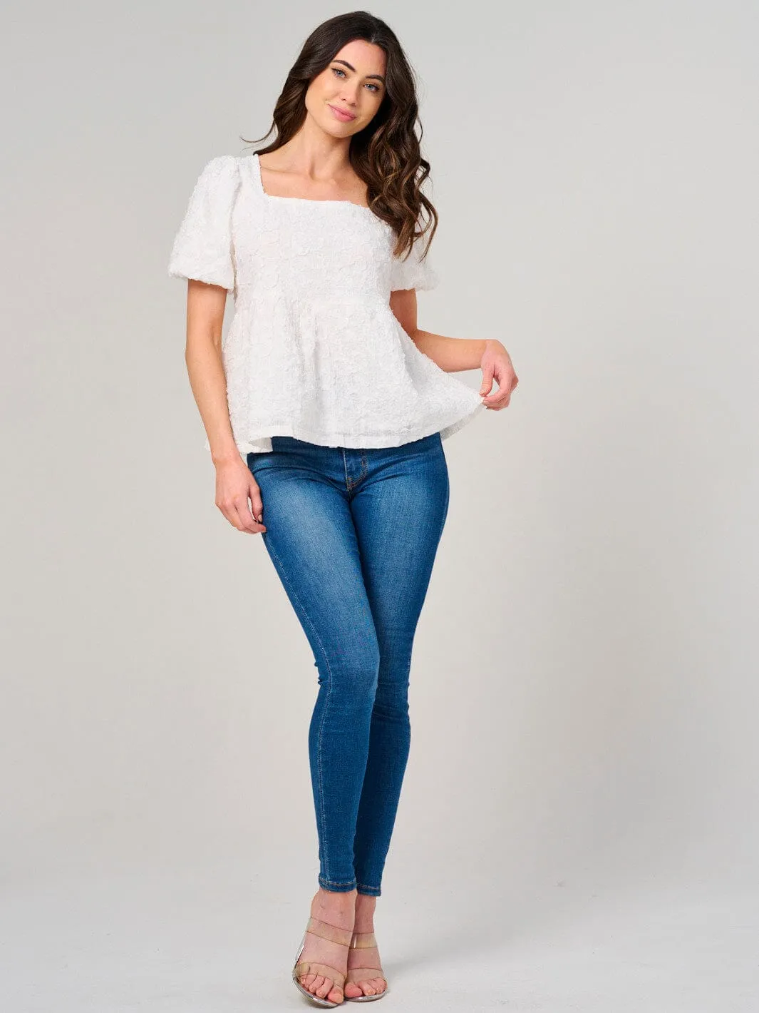 WOMEN'S SHORT PUFF SLEEVE SQUARE NECK DETAILED BLOUSE