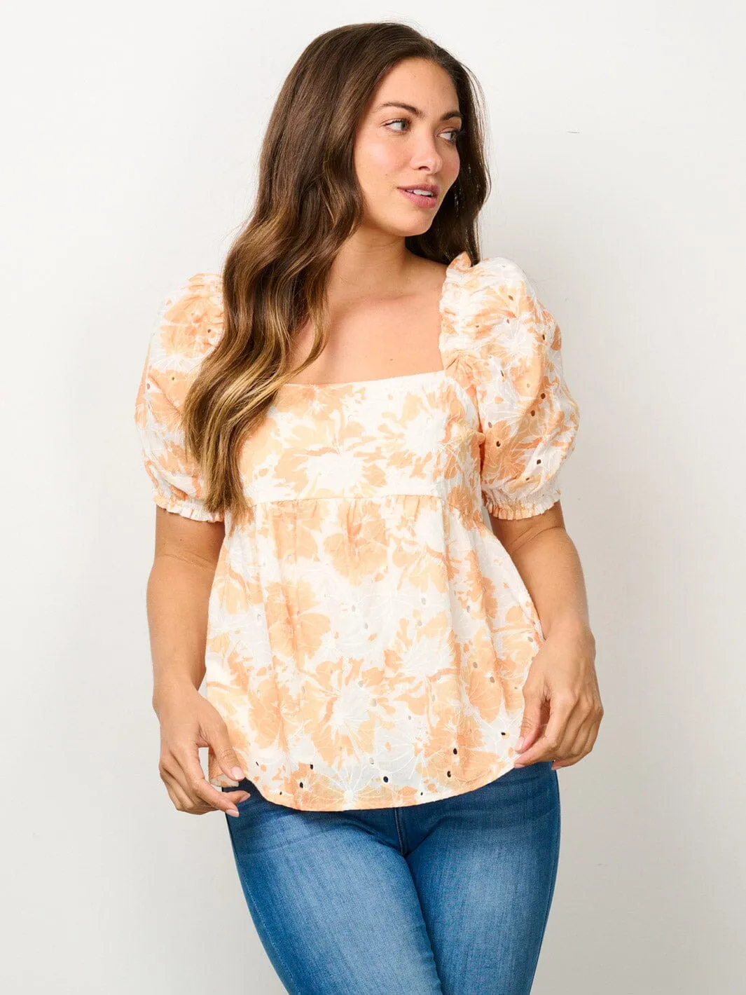 WOMEN'S SHORT PUFF SLEEVE SQUARE NECK EYELET FLORAL BLOUSE TOP
