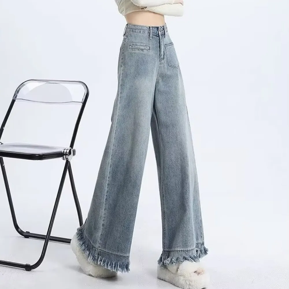 Women's Solid Color Raw Hem Wide Leg Jeans