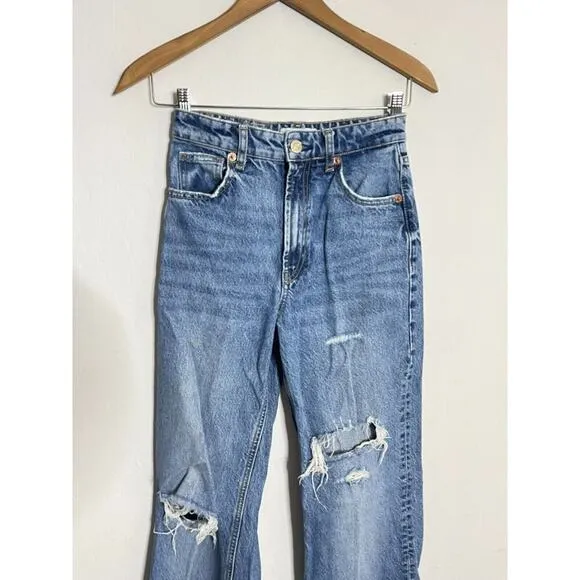 Zara Jeans 2 High Rise Wide Leg Denim Medium Distressed